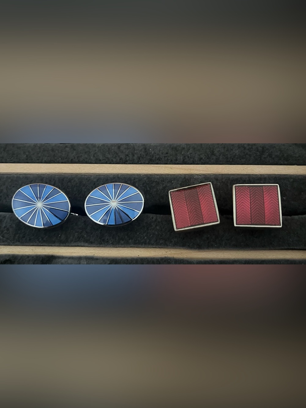 Men's Blue and Pink Enamel Cufflinks Set - Classic Geometric Designs.
